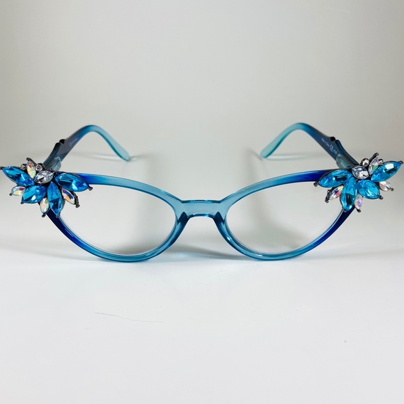 OOAK Vintage Vixen blue ombre frames with Turquoise rhinestones +.50 & +2.25 - Picture 4 of 9